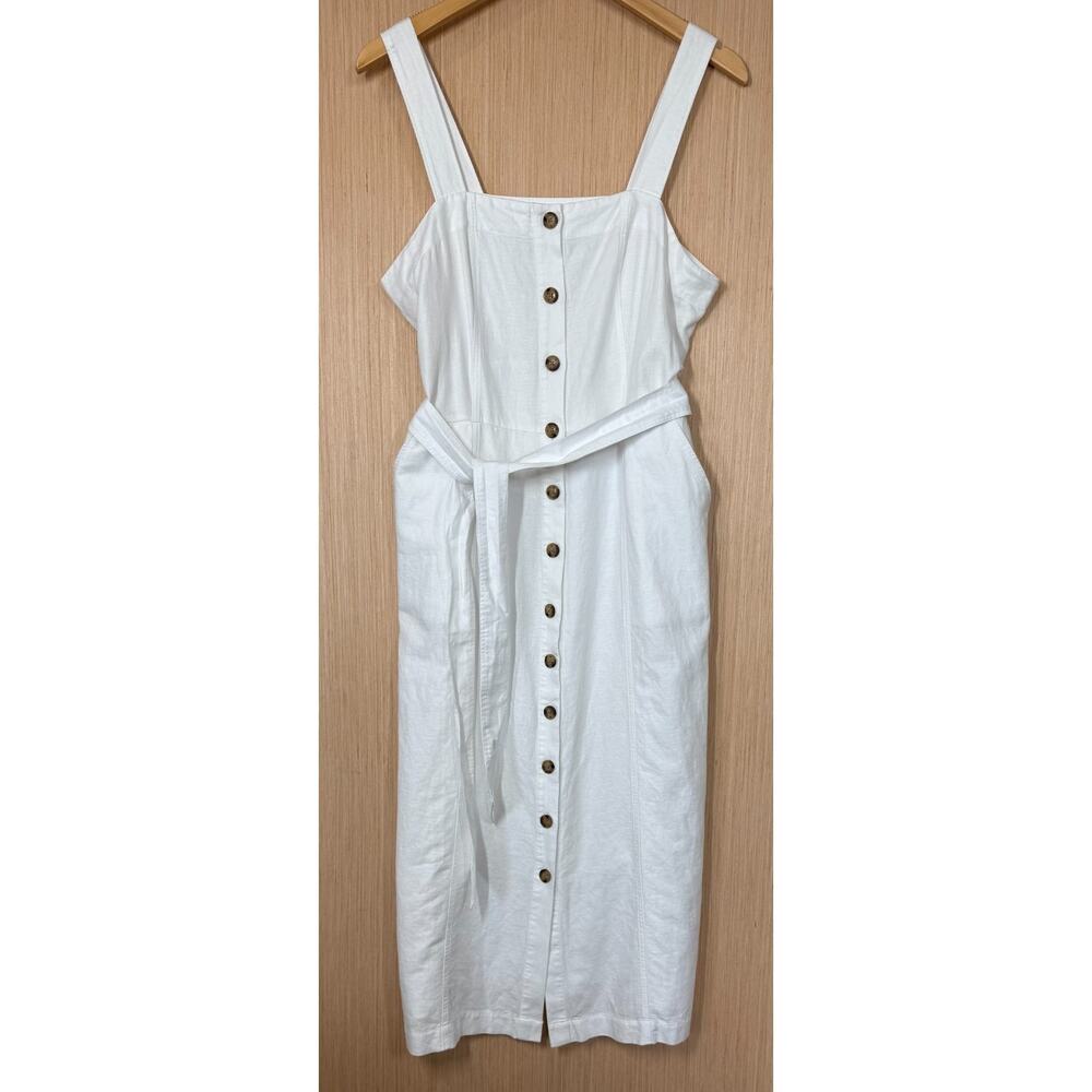 LOFT White Button-Front Midi Dress with Tie Waist - Picture 2 of 13
